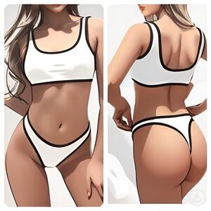 White Bikini Athletic Style Sports Bra Top w/Thong Bottoms Size XS